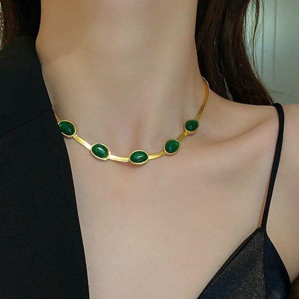 Oval Green Crystal Pendant Necklace Set With Bracelet